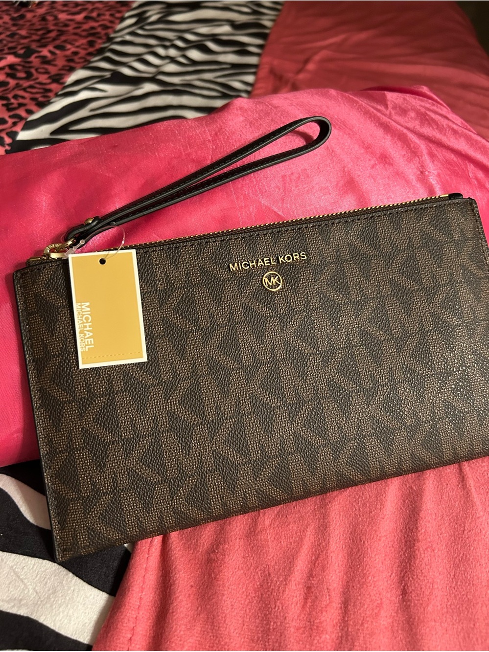 Michael Kors Brown Logo-Print Wristlet Clutch with Gold Hardware